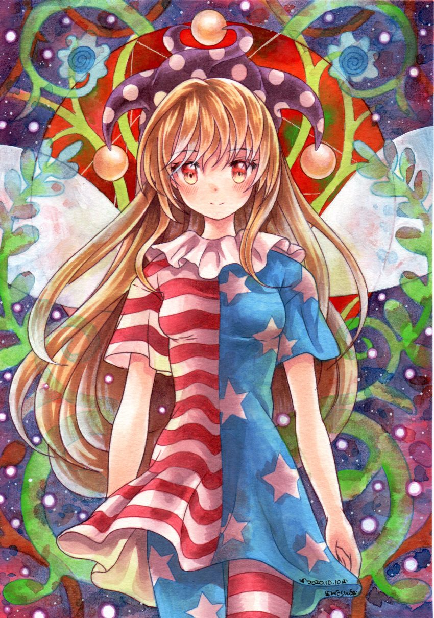 1girl absurdres american_flag_dress american_flag_legwear blonde_hair blush breasts closed_mouth clownpiece cowboy_shot dated dress fairy_wings hat highres jester_cap light_smile long_hair looking_at_viewer marker_(medium) mosho neck_ruff pantyhose polka_dot purple_headwear red_eyes short_dress short_sleeves small_breasts solo star_(symbol) star_print striped touhou traditional_media transparent_wings very_long_hair wings
