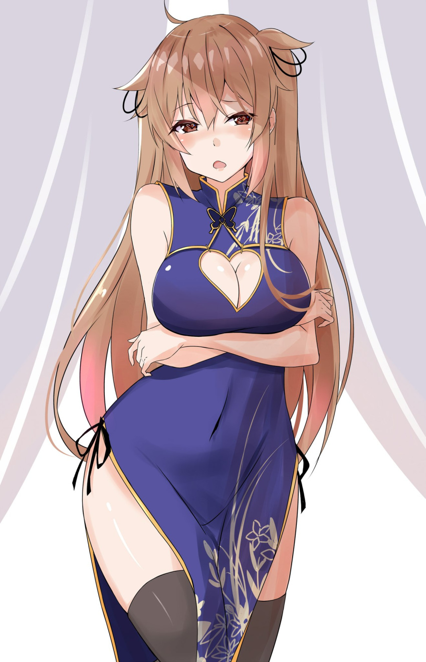 1girl ahoge arms_under_breasts bangs black_legwear blue_dress breast_hold breasts china_dress chinese_clothes cleavage cleavage_cutout clothing_cutout covered_navel crossed_arms dress heart heart-shaped_pupils heart_cutout highres kantai_collection large_breasts light_brown_hair long_hair murasame_(kantai_collection) open_mouth red_eyes remodel_(kantai_collection) saku_(kudrove) side_slit sleeveless sleeveless_dress solo symbol-shaped_pupils thighhighs