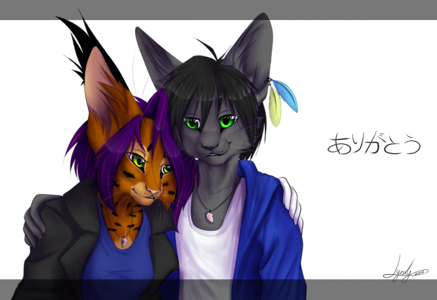 2014 5_fingers anthro breasts clothed clothing digital_media_(artwork) domestic_cat duo felid feline felis female fingers green_eyes hair lynjox lynx lynxyjones male mammal purple_hair simple_background smile white_background