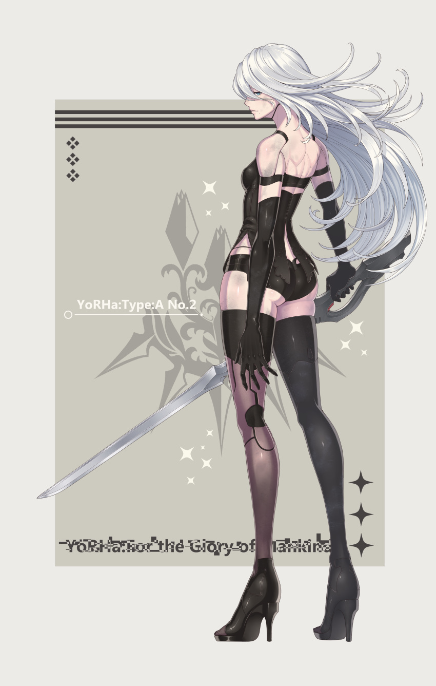 1girl absurdres android ass bangs bite_addict black_legwear black_shorts blue_eyes breasts character_name closed_mouth commentary_request elbow_gloves full_body gloves high_heels highres holding holding_weapon joints lips long_hair looking_at_viewer medium_breasts mole mole_under_mouth nier_(series) nier_automata robot_joints shiny shiny_clothes short_shorts shorts simple_background standing sword thighhighs thighs weapon white_hair yorha_type_a_no._2