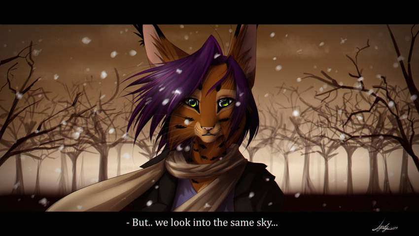 16:9 2014 anthro clothed clothing day detailed_background digital_media_(artwork) english_text felid feline female fur green_eyes hair lynjox lynx lynxyjones mammal outside purple_hair solo spots spotted_body spotted_fur text widescreen