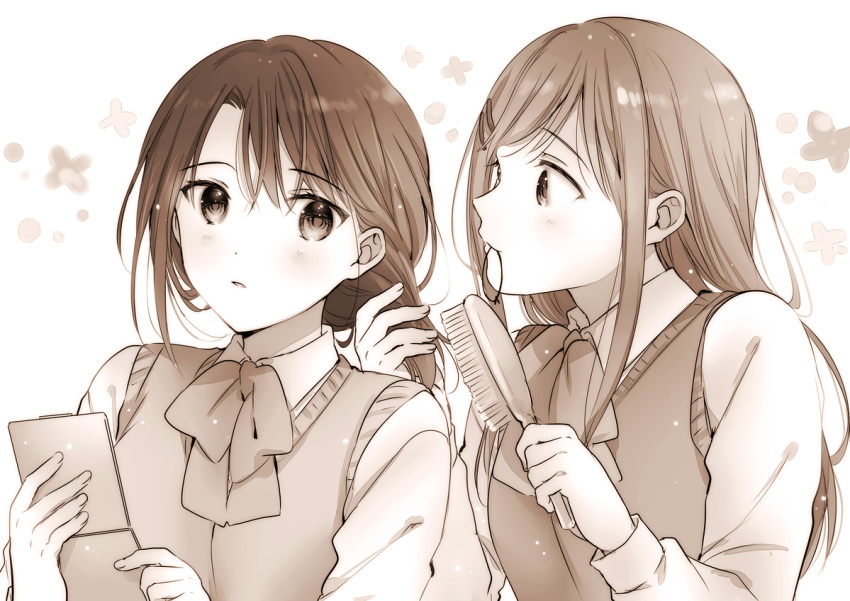 2girls adachi_sakura adachi_to_shimamura bow comb greyscale hair_brushing hair_ornament hair_tie_in_mouth looking_at_another mirror monochrome mouth_hold multiple_girls ousaka_nozomi school_uniform shimamura_hougetsu sweater upper_body
