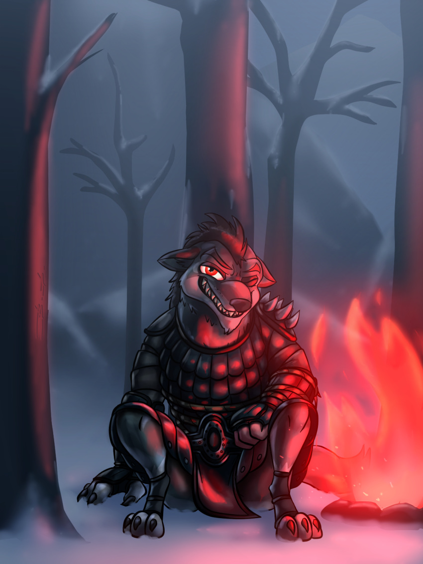 2020 3:4 against_tree anthro armor asian_clothing barefoot baring_teeth bassybefuddle belt black_eye_(injury) bonfire boss_wolf canid canine canis chinese_clothing clothed clothing countershade_face countershading digital_media_(artwork) dreamworks east_asian_clothing fingerless_gloves fire forest fur gauntlets gloves grey_body grey_fur grin handwear hi_res kung_fu_panda looking_at_viewer male mammal one_eye_closed outside pauldron scale_armor sitting smile snow solo spiked_armor spikes teeth tree wolf