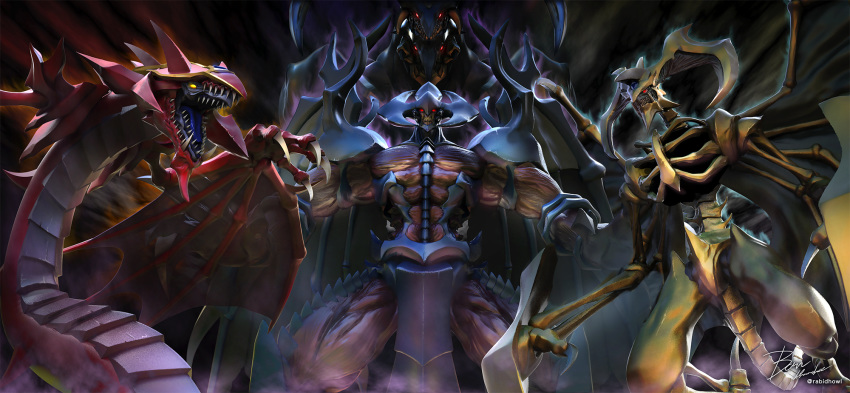 armityle_the_chaos_phantom aura black_background blue_skin dark_aura dragon_wings fang glowing glowing_eyes hagura_bou hamon_lord_of_striking_thunder highres horns muscle open_mouth raviel_lord_of_phantasms red_eyes red_skin scales sharp_teeth signature skeletal_arm spikes tail teeth twitter_username uria_lord_of_searing_flames wings yellow_eyes yellow_skin yu-gi-oh!