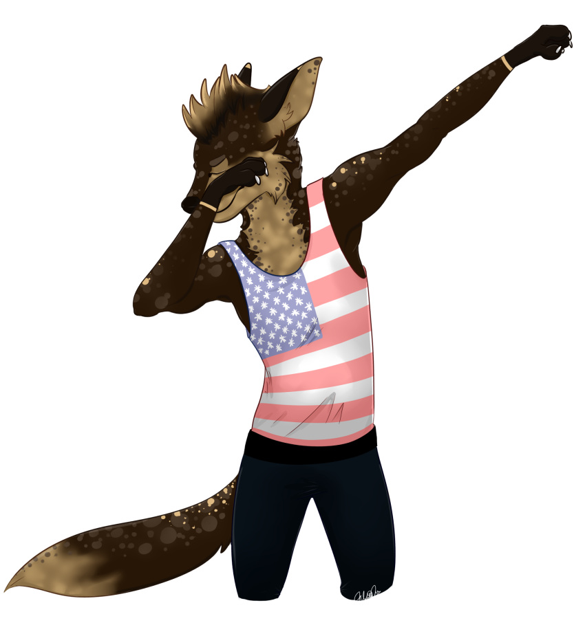 2018 alpha_channel anthro clothing dabbing digital_media_(artwork) flag fur hi_res hyaenid junijoobs male mammal meme shirt solo spots spotted_body spotted_fur tank_top topwear us_flag