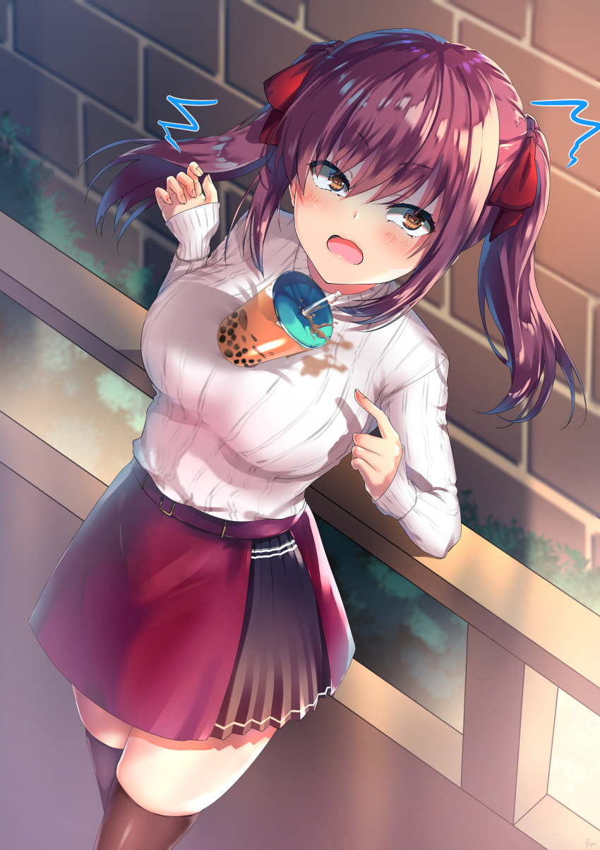 1girl :o absurdres amasawa_ichika bangs belt blush breasts brick_wall bubble_tea_challenge commentary_request cup drinking_straw dutch_angle eyebrows_visible_through_hair feet_out_of_frame fingernails hair_ribbon highres index_finger_raised large_breasts long_hair long_sleeves open_mouth purple_hair railing red_skirt ribbon sidelocks skindentation skirt sleeves_past_wrists solo spilling standing surprised sweater thighhighs thighs twintails utsunomiya_ryo v-shaped_eyebrows wavy_mouth white_sweater yellow_eyes youkoso_jitsuryoku_shijou_shugi_no_kyoushitsu_e zettai_ryouiki