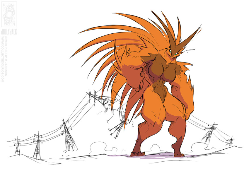 2020 anthro big_breasts breasts brown_body conditional_dnp featureless_breasts female green_eyes jollyjack kaiju macro mammal muscular muscular_anthro muscular_female orange_body powerlines quills restricted_palette solo