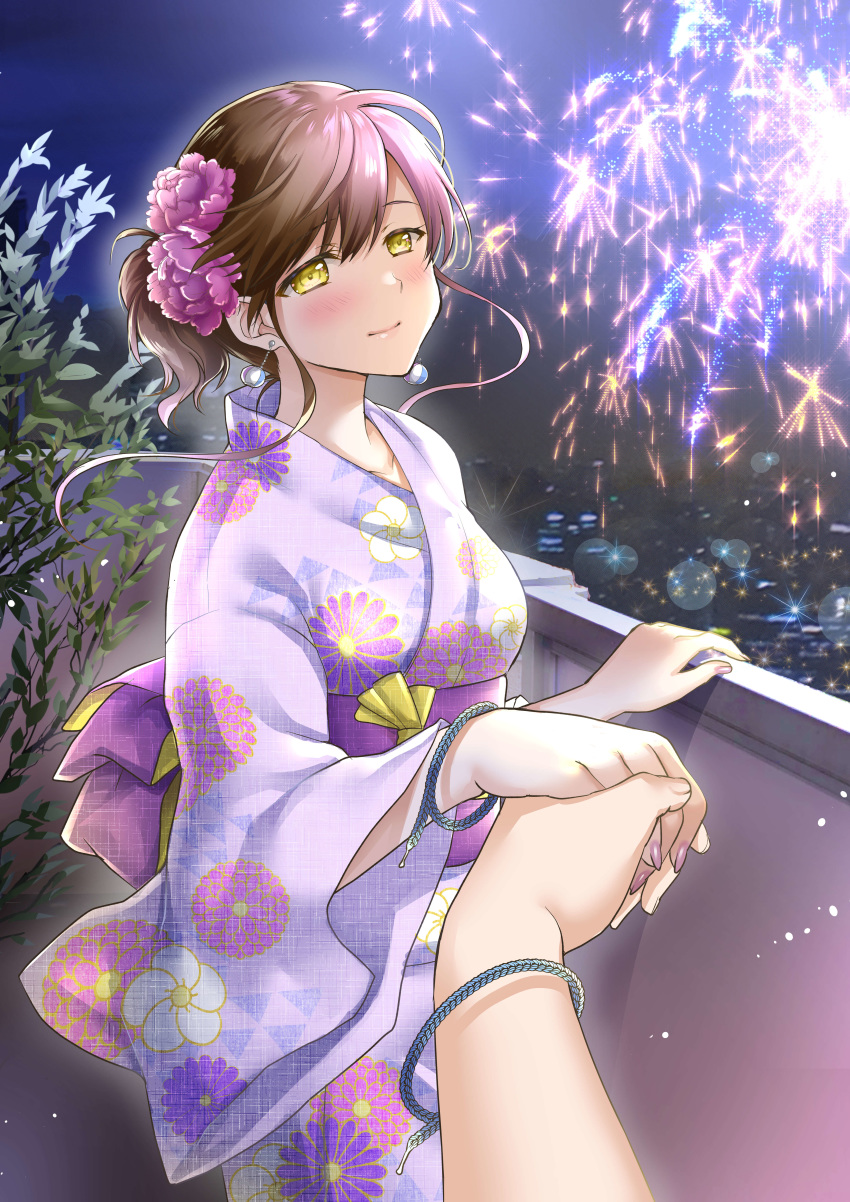 1girl absurdres aerial_fireworks brown_hair earrings festival fireworks floral_print flower hair_flower hair_ornament highres hikaru_(gevp7588) japanese_clothes jewelry kimono night night_sky obi original print_kimono sash senkou_hanabi sky sparkler summer summer_festival yellow_eyes yukata