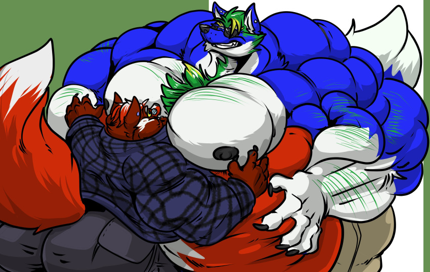 2019 5_fingers anthro big_muscles black_nipples bottomwear canid canine canis chest_tuft clothed clothing duo eyewear fierglief fierglief_(character) fingers fox fur gilwal glasses grin hair hi_res hug huge_muscles hyper hyper_muscles hyper_pecs looking_at_another male mammal morbidly_obese multicolored_body multicolored_fur multicolored_hair musclegut muscular nipples obese overweight pants shirt size_difference smile sunglasses topless topwear tuft wolf yellow_eyes