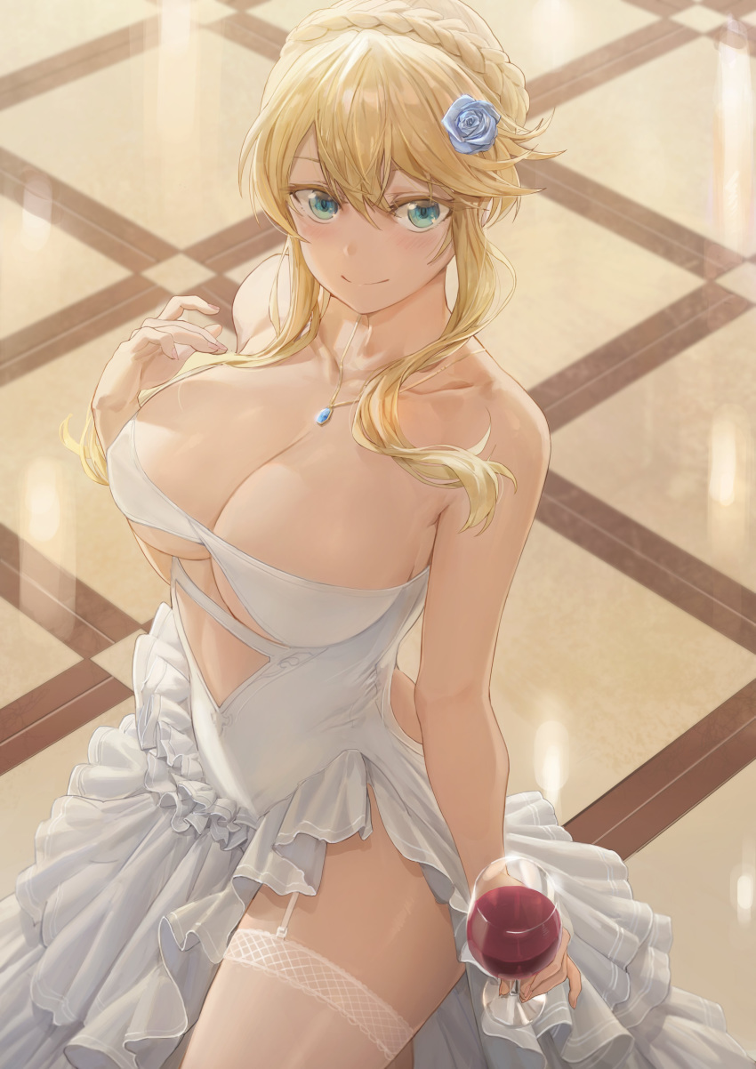 1girl absurdres alcohol aqua_eyes artoria_pendragon_(all) artoria_pendragon_(lancer) bare_arms bare_shoulders blonde_hair blue_flower braid breasts center_opening cleavage collarbone cup dress drinking_glass fate/grand_order fate_(series) flower french_braid from_above garter_straps hair_flower hair_ornament hand_up highres holding holding_cup jewelry large_breasts long_hair looking_at_viewer necklace rose see-through sleeveless sleeveless_dress smile solo strapless strapless_dress thighhighs tile_floor tiles white_dress wine wine_glass yohan1754