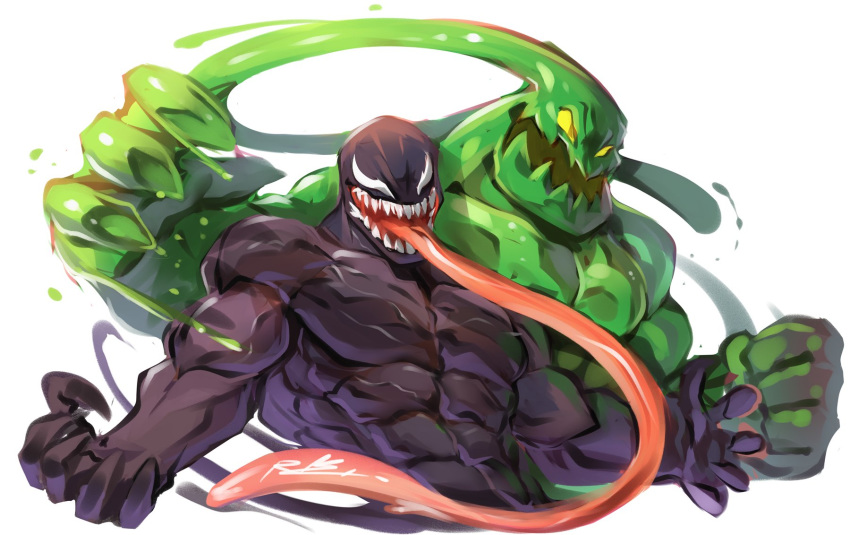 abs action_pose alien anthro biceps black_body claws duo goo_creature green_body hi_res humanoid league_of_legends male marvel muscular muscular_anthro muscular_male pecs pose rabbity riot_games tongue tongue_out venom_(marvel) video_games white_eyes yellow_eyes zac_(lol)