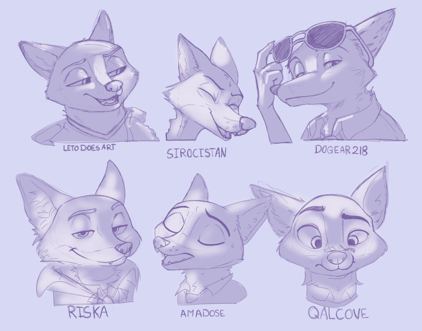 absurd_res anthro canid canine disney expression_sheet expressions fox headshot hi_res male mammal monochrome nick_wilde nikoyishi portrait sketch sketch_page solo studies zootopia