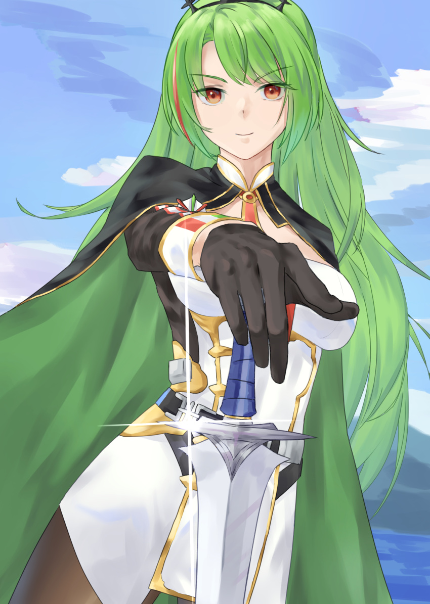 1girl azur_lane black_cape black_gloves breasts cape cleavage eyebrows_visible_through_hair gloves gold_trim green_cape green_hair highres italian_flag littorio_(azur_lane) long_hair looking_at_viewer medium_breasts multicolored_hair pantyhose red_eyes rute_3547 solo streaked_hair sword two-tone_cape water weapon