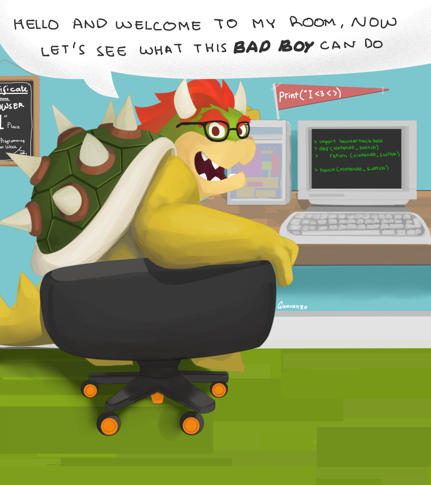 2020 absurd_res anthro bowser chair computer detailed_background english_text eyewear furniture glasses greeting guavanzo hi_res koopa male mario_bros nintendo scalie sitting solo text video_games