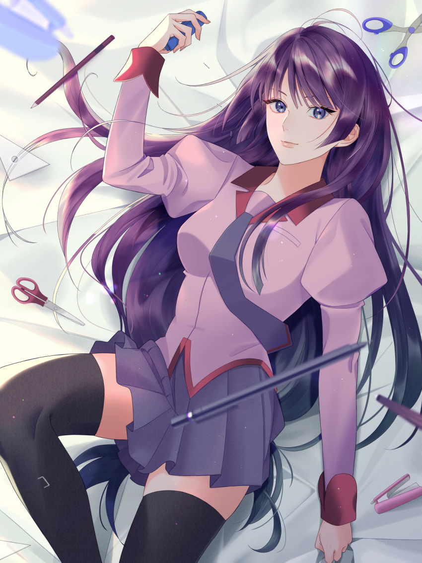 1girl bakemonogatari bangs bed_sheet blue_eyes blurry_foreground breasts collared_shirt commentary_request eyelashes feet_out_of_frame highres holding lens_flare long_hair long_sleeves looking_at_viewer lying mechanical_pencil medium_breasts miu_888 monogatari_(series) naoetsu_high_school_uniform necktie on_back pencil pink_shirt pleated_skirt puffy_sleeves purple_hair purple_neckwear purple_skirt school_uniform scissors senjougahara_hitagi shiny shiny_hair shirt sidelocks skirt solo stapler thighhighs