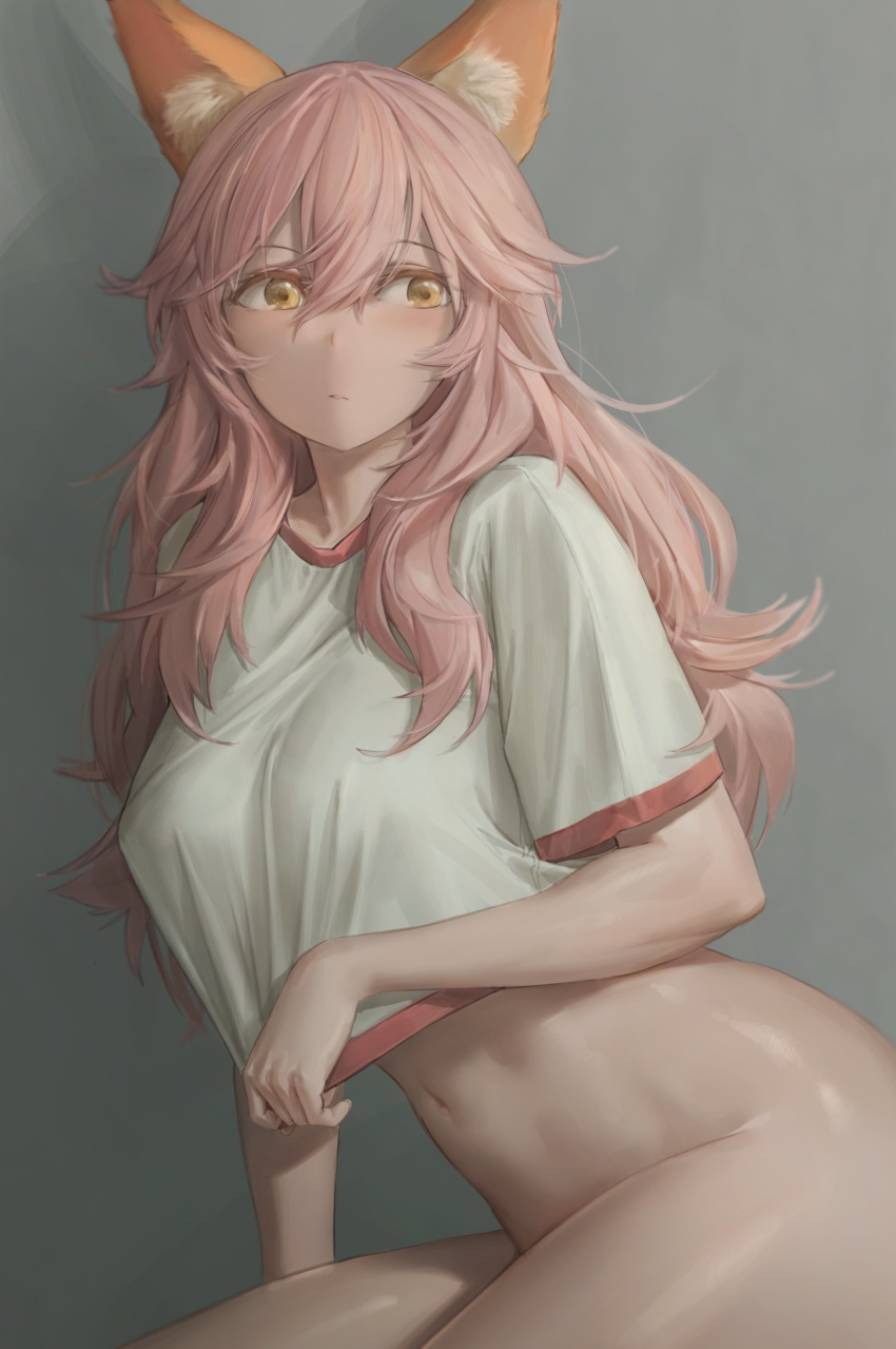 1girl absurdres animal_ear_fluff animal_ears blush bottomless breasts fate/extra fate/grand_order fate_(series) fox_ears fox_girl gym_shirt highres large_breasts long_hair looking_at_viewer navel pink_hair shiny shiny_hair shiny_skin shirt sitting solo tamamo_(fate)_(all) tamamo_no_mae_(fate) yellow_eyes yohan1754