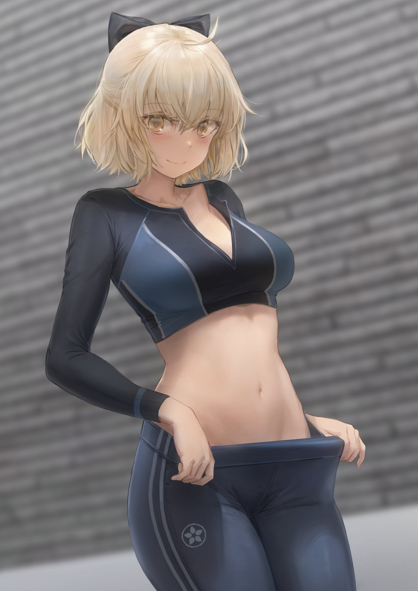 1girl absurdres adjusting_clothes ahoge bangs blonde_hair blush bow breasts collarbone cowboy_shot cropped_shirt eyebrows_visible_through_hair fate/grand_order fate_(series) groin hair_between_eyes hair_bow highres long_sleeves looking_at_viewer medium_breasts midriff navel okita_souji_(fate) okita_souji_(fate)_(all) pants short_hair sidelocks smile solo sportswear standing stomach toned yellow_eyes yohan1754