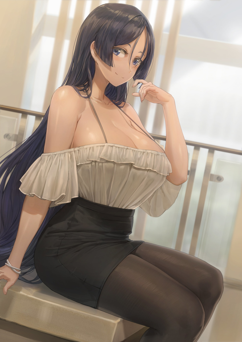 1girl absurdres arm_at_side arm_support armpit_crease bangs bare_shoulders black_legwear black_skirt blurry blush bracelet breasts brown_legwear cleavage closed_mouth collarbone depth_of_field dutch_angle eyebrows_behind_hair fate/grand_order fate_(series) feet_out_of_frame frilled_shirt frills from_side hair_between_eyes hand_up high-waist_skirt highres huge_breasts indoors jewelry long_hair looking_at_viewer low_neckline minamoto_no_raikou_(fate/grand_order) off-shoulder_shirt off_shoulder pantyhose parted_bangs pencil_skirt purple_eyes purple_hair railing shirt sitting skirt smile solo spaghetti_strap strap_gap tented_shirt thighs very_long_hair white_shirt yohan1754