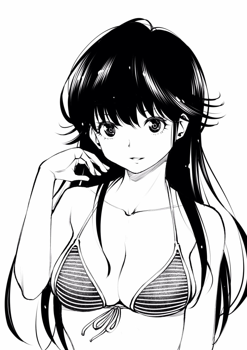 1girl ayukawa_madoka bikini bikini_top breasts collarbone commentary_request fukushima_masayasu greyscale hand_up highres kimagure_orange_road long_hair looking_at_viewer medium_breasts monochrome simple_background smile solo striped striped_bikini swimsuit upper_body white_background