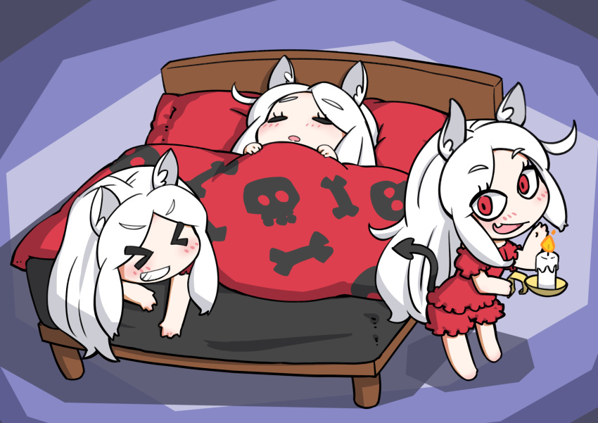 &gt;_&lt; 3girls :3 animal_ear_fluff animal_ears bed bed_sheet black_tail blush bone_print candle candlelight cerberus_(helltaker) chibi commentary_request demon_tail dog_ears dog_girl eyebrows_visible_through_hair fang grin helltaker highres long_hair looking_at_viewer multiple_girls open_mouth planb red_eyes skin_fang skull_print sleeping sleepwear smile tail triplets white_hair x3