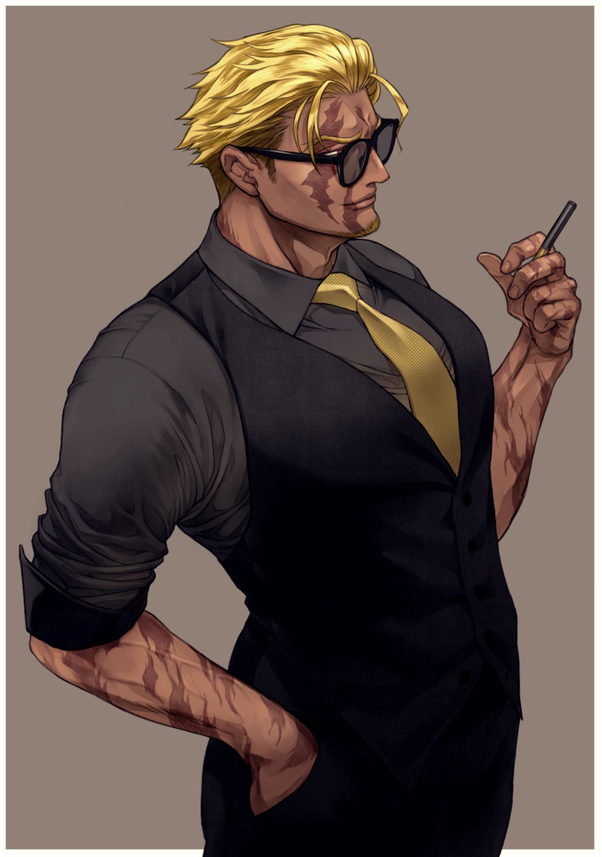 1boy alternate_costume bangs beowulf_(fate/grand_order) black_pants black_vest blonde_hair chest cigarette cowboy_shot fate/grand_order fate_(series) formal hair_slicked_back hand_in_pocket highres looking_to_the_side muscle necktie pants parted_bangs red_eyes renga2250 scar short_hair sunglasses toned toned_male vest