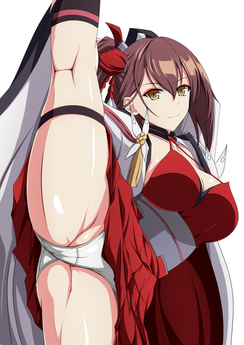 1girl absurdres azur_lane bangs breasts brown_eyes brown_hair cleavage collarbone commentary_request eyebrows_visible_through_hair eyeshadow hair_between_eyes hair_ornament highres japanese_clothes large_breasts long_hair long_sleeves looking_at_viewer makeup makiri_akira panties ponytail shiny shiny_skin simple_background solo split standing standing_on_one_leg standing_split thigh_strap thighs underwear white_background white_panties wide_sleeves zuikaku_(azur_lane)