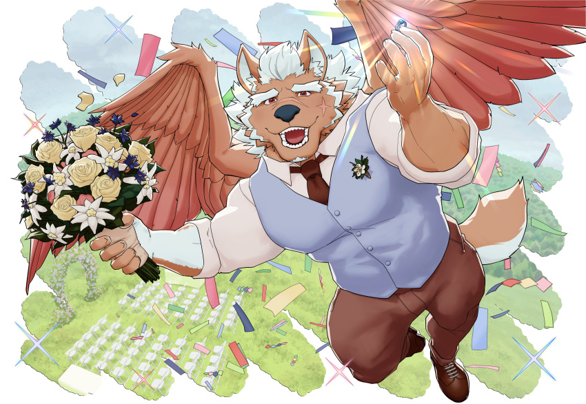 absurd_res alpha_channel anthro bouqet canid canine canis clothing demon dress_shirt flower flying hi_res male mammal marchosias_(tas) muscular muscular_male necktie plant proposal ring ripped-saurian scar shirt suit tokyo_afterschool_summoners topwear vest video_games wedding wings wolf