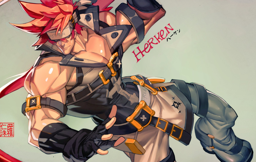 1boy alternate_design alternate_eye_color alternate_hair_color bara bare_shoulders belt_buckle brown_hair buckle chest covered_abs feet_out_of_frame fighting_stance fingerless_gloves gloves guilty_gear harness headgear highres long_hair male_focus muscle na_insoo open_clothes over_shoulder pelvic_curtain ponytail pose revision shiny shiny_skin shoes simple_background sleeveless sol_badguy solo spiked_hair tight weapon weapon_over_shoulder yellow_eyes