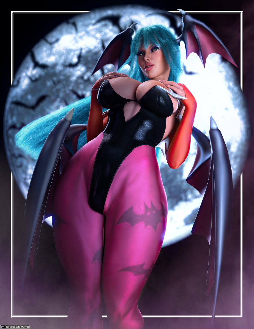 3d_(artwork) absurd_res big_breasts blender_(software) breasts capcom chiropteran clothing darkstalkers demon digital_media_(artwork) head_wings hi_res humanoid looking_at_viewer mammal moon morrigan_aensland nipples not_furry solo_focus squarepeg3d thick_thighs tight_clothing video_games wide_hips winged_humanoid wings