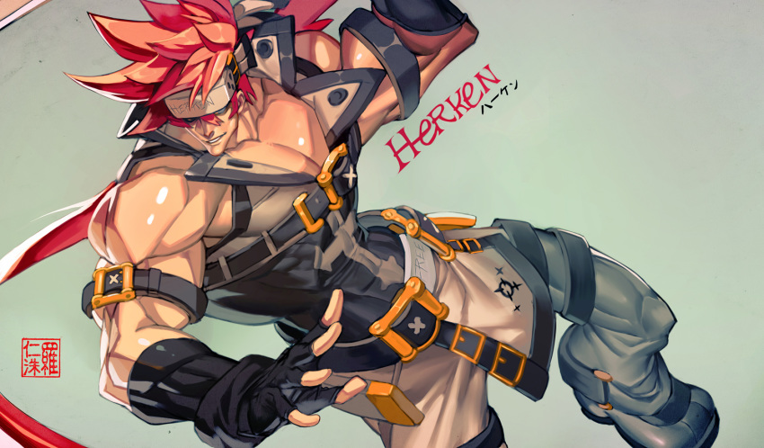 1boy alternate_design alternate_eye_color alternate_hair_color bara bare_shoulders belt_buckle brown_hair buckle chest covered_abs feet_out_of_frame fighting_stance fingerless_gloves gloves guilty_gear harness headgear long_hair male_focus muscle na_insoo open_clothes over_shoulder pelvic_curtain ponytail pose shiny shiny_skin shoes simple_background sleeveless sol_badguy solo spiked_hair tight weapon weapon_over_shoulder yellow_eyes