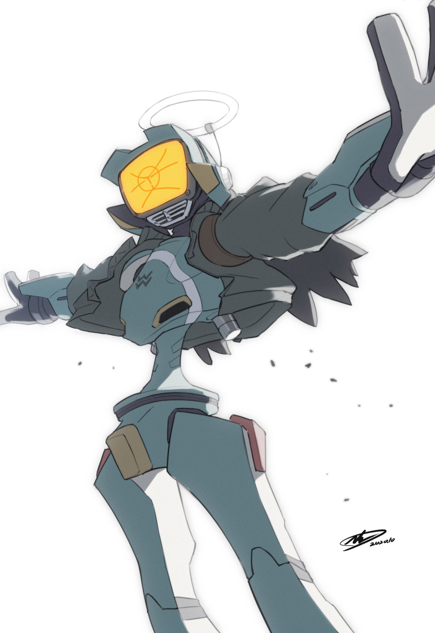 absurdres andrew_leung canti dated flcl halo highres looking_ahead no_humans open_hands robot screen signature solo t-pose white_background