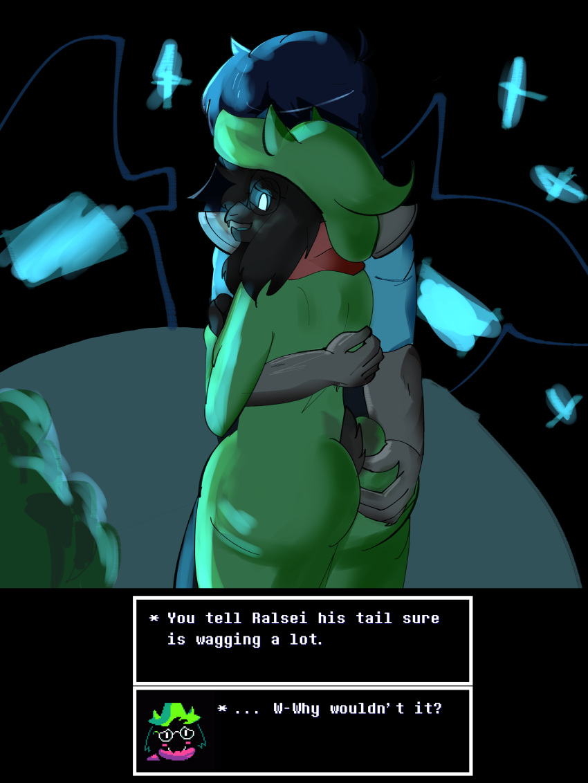 absurd_res anthro armor bovid butt butt_grab caprine clothing cuddling deltarune dialogue duo english_text goat grope hand_on_butt hat headgear headwear hi_res horn human kris_(deltarune) male male/male mammal mildred_(artist) outside ralsei robe romantic_ambiance text video_games