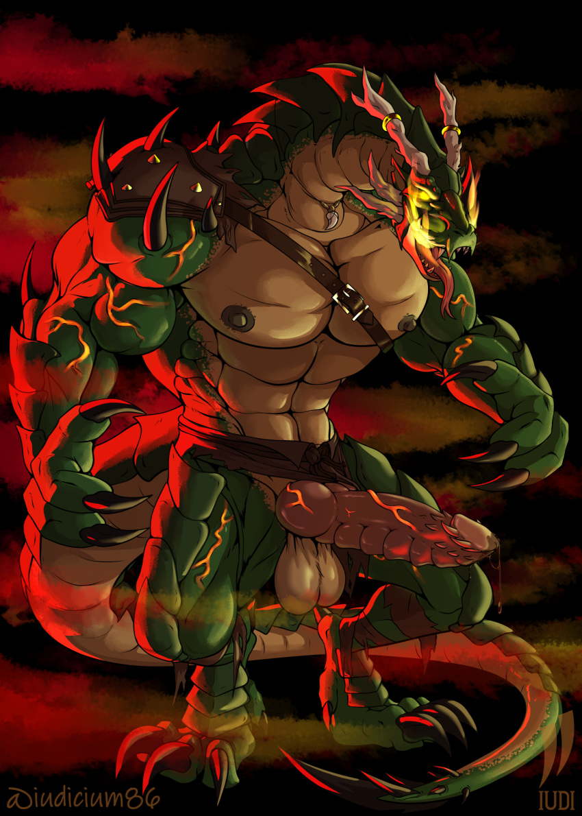 abs anthro balls barbarian breath_powers clothing clothing_aside dragon elemental_manipulation fire fire_breathing fire_manipulation genitals hi_res iudicium86 knot leaking_precum loincloth loincloth_aside male monster muscular muscular_anthro muscular_male nipples penile_spines penis ragner solo vein warrior were weredragon