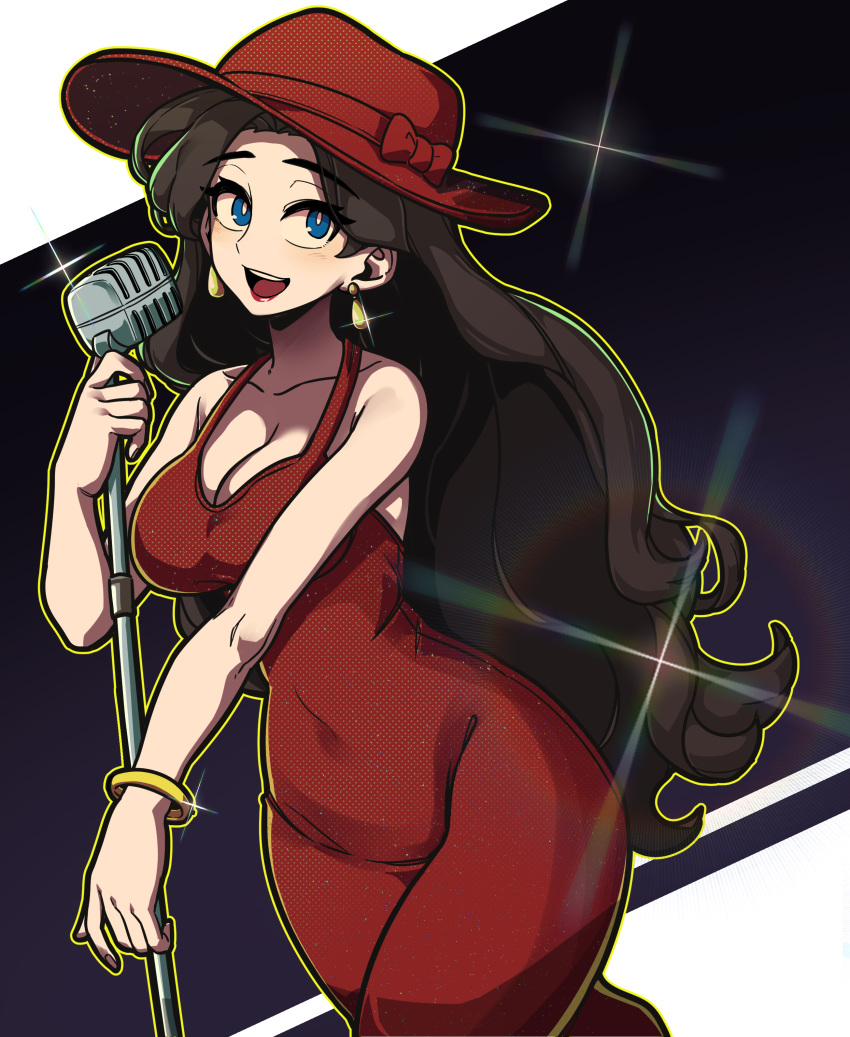 1girl absurdres bangle blue_eyes blush bracelet breasts brown_hair cleavage dress earrings eyebrows_visible_through_hair halter_dress halterneck hat highres holding holding_microphone jewelry large_breasts lipstick long_hair makeup mario_(series) masgamjya microphone microphone_stand open_mouth pauline_(mario) red_dress red_headwear simple_background solo super_mario_odyssey thick_eyebrows