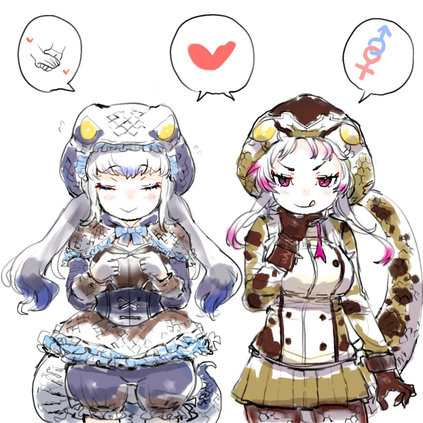 &gt;:q 2girls :q african_rock_python_(kemono_friends) arm_at_side bangs bloomers blue_hair bow bowtie brown_gloves brown_legwear capelet chabo-kun closed_eyes closed_mouth commentary_request corset cowboy_shot drawstring eyebrows_visible_through_hair facing_viewer fidgeting flying_sweatdrops frilled_hood frilled_skirt frills gloves green_skirt grey_hair hand_on_own_chin hand_up hands_up heart highres hood hood_up hooded_jacket interlocked_mars_and_venus_symbols jacket kemono_friends komodo_dragon_(kemono_friends) komodo_dragon_tail licking_lips lizard_girl lizard_tail long_sleeves looking_at_viewer mars_symbol microskirt miniskirt multicolored_hair multiple_girls own_hands_together pantyhose pleated_skirt purple_eyes purple_hair seductive_smile shared_speech_bubble side-by-side sitting sketch skirt smile snake_tail speech_bubble spoken_heart spoken_mars_symbol spoken_venus_symbol tail tongue tongue_out tsurime underwear v-shaped_eyebrows venus_symbol white_background white_gloves white_hair zipper