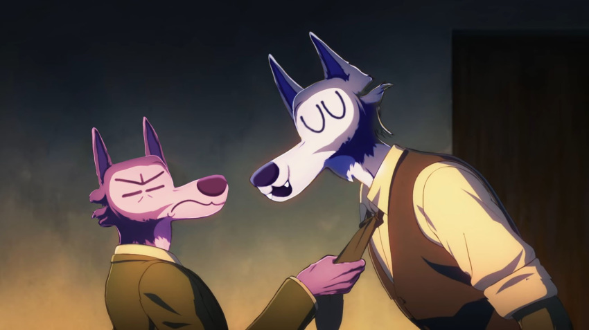 2019 5_fingers ambiguous_gender anthro awoo_(ac_stuart) bags_under_eyes beastars blue_body blue_fur blue_nose canid canine canis clothing cute_fangs duo eyes_closed fingers frown fur glare hi_res jacket joaquin_baldwin kevin_(ac_stuart) kevin_(awoo) kevin_(awoo_comic) male male/male male_(lore) mammal necktie necktie_grab necktie_pull pink_face pink_wolf_(ac_stuart) purple_body purple_fur purple_nose rolled-up_sleeves rolled_sleeves rolled_up_sleeves school_uniform size_difference smile topwear uniform vest wolf