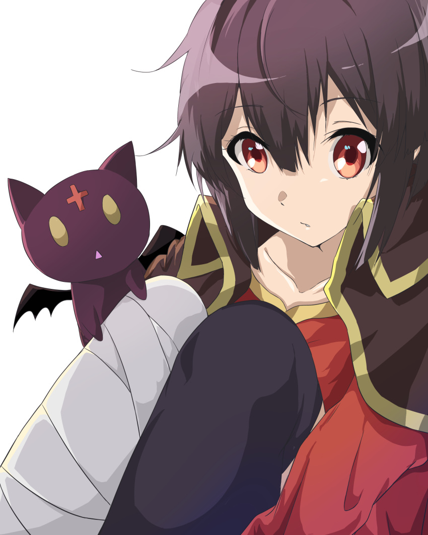 1girl absurdres cape capelet cat chomusuke cloak hair_between_eyes highres knees_to_chest kono_subarashii_sekai_ni_shukufuku_wo! leg_hug looking_at_viewer megumin open_mouth red_cloak red_eyes short_hair simple_background sitting warabimomomo wings