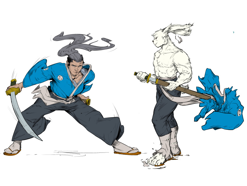 4:3 absurd_res clothed clothing hi_res human lagomorph leporid male mammal melee_weapon miyamoto_usagi rabbit samurai simple_background solo sword topless transformation usagi_yojimbo warrior weapon white_background