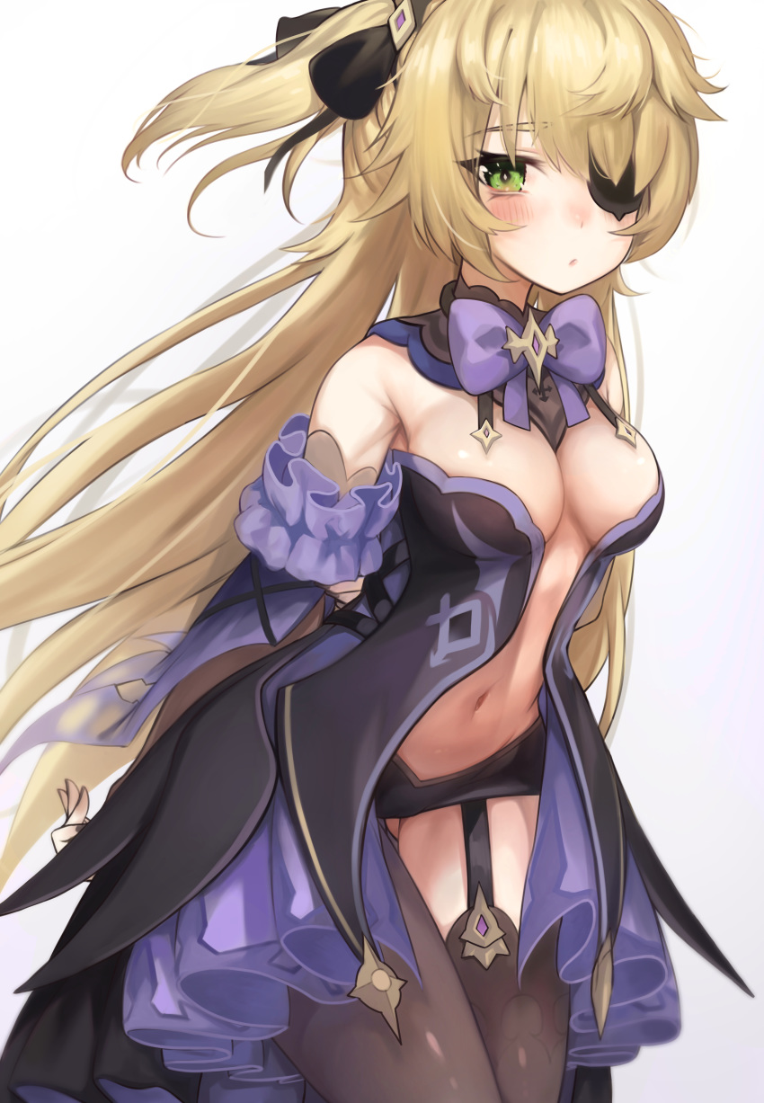 1girl absurdres arms_behind_back ass_visible_through_thighs black_legwear black_shorts blonde_hair blush bow bowtie breasts cleavage detached_collar detached_sleeves eyepatch fischl_(genshin_impact) frills garter_straps genshin_impact green_eyes hair_ornament highres long_hair looking_at_viewer medium_breasts navel purple_neckwear shorts simple_background solo thighhighs torriet white_background