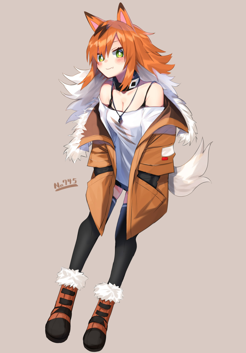 1girl animal_ears bangs bare_shoulders black_collar black_hair black_legwear blush_stickers boots breasts brown_background brown_footwear brown_jacket cleavage closed_mouth collar daifukumochi_(akaaokiiwo) eyebrows_visible_through_hair fang fang_out full_body fur-trimmed_boots fur_trim gen_7_pokemon green_eyes hair_between_eyes hands_in_pockets highres jacket long_hair long_sleeves looking_at_viewer lycanroc lycanroc_(dusk) multicolored_hair off-shoulder_shirt off_shoulder open_clothes open_jacket orange_hair personification pokedex_number pokemon shirt simple_background small_breasts smile solo streaked_hair tail thighhighs thighhighs_under_boots two-tone_hair white_hair white_shirt wolf_ears wolf_girl wolf_tail