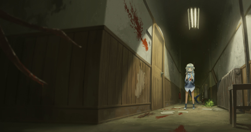 1girl blood blood_on_wall blue_eyes blue_hair blue_hoodie blue_legwear boots camcorder camera commentary door etta fire_extinguisher gawr_gura highres holding holding_camera hololive hololive_english long_hair looking_at_object monster multicolored_hair outlast radiator ruins shark_girl shark_tail silver_hair smile socks solo standing streaked_hair tail two_side_up white_footwear
