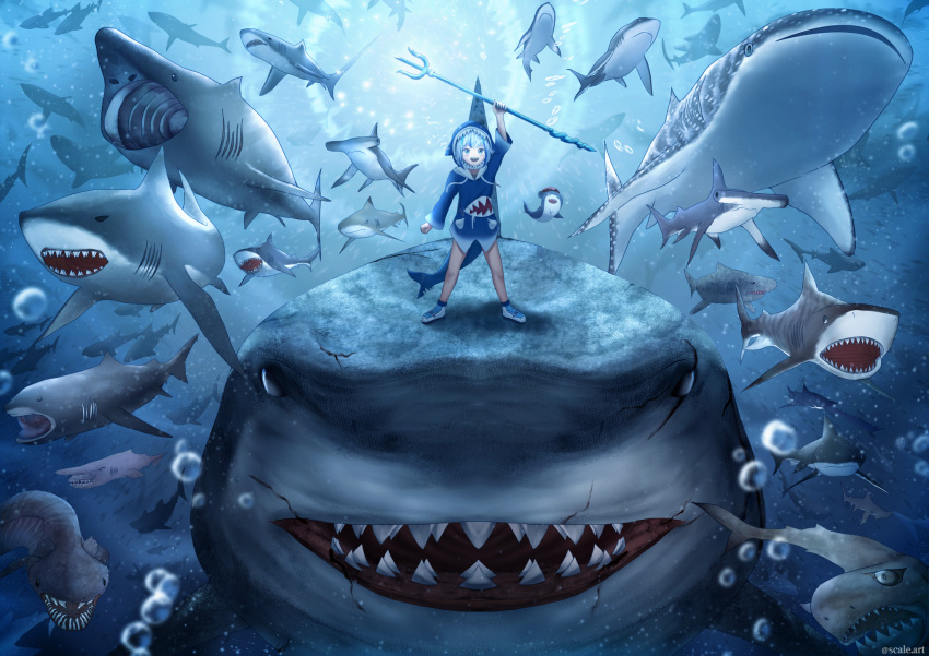 1girl a animal_costume animal_hood bangs bloop_(gawr_gura) blue_eyes blue_hair blue_hoodie blunt_bangs cosplay fish_skeleton gawr_gura gawr_gura_(cosplay) hair_ornament highres hololive hololive_english holomyth hood medium_hair multicolored_hair polearm scale_(winston98) shark shark_costume shark_girl shark_hair_ornament shark_hood shark_print shark_tail sharp_teeth shoes silver_hair sleeves_past_wrists sneakers streaked_hair tail teeth trident two_side_up virtual_youtuber weapon white_footwear wide_sleeves