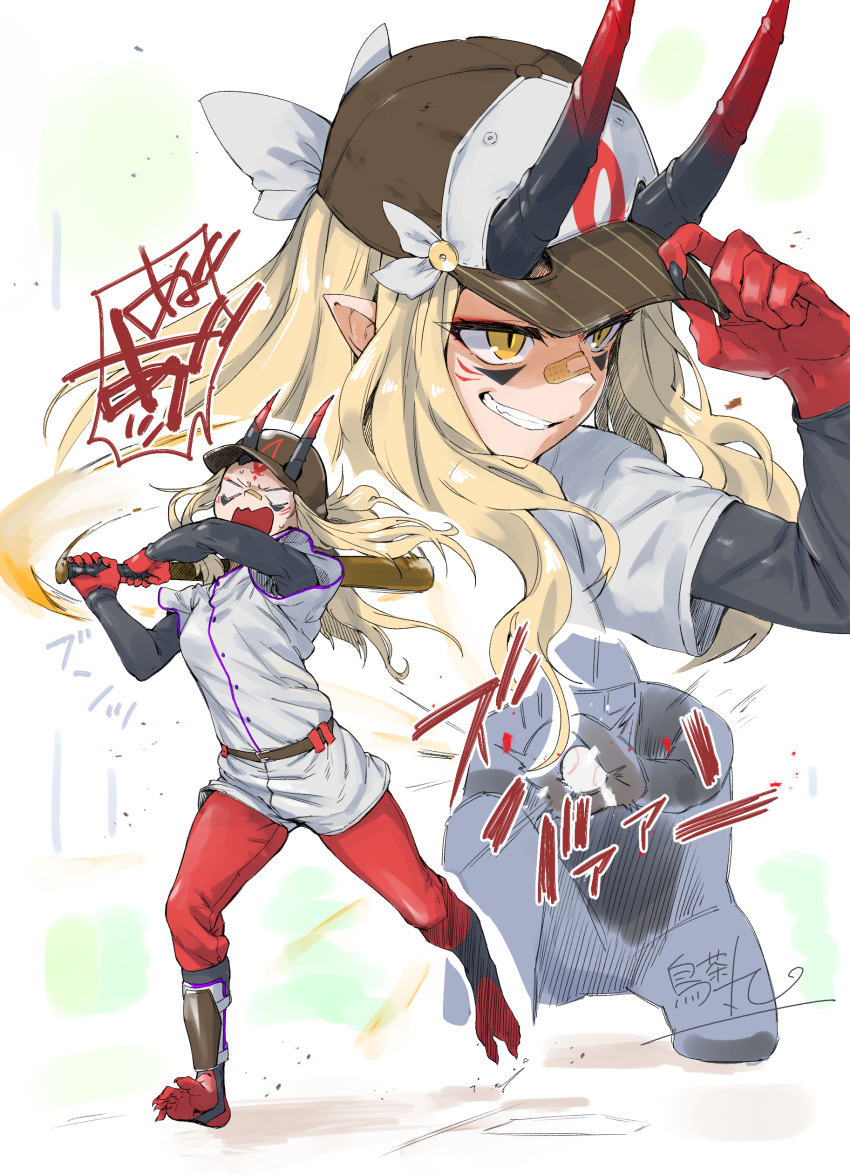 1girl absurdres bandaid bandaid_on_nose baseball baseball_bat baseball_cap baseball_mitt baseball_uniform blonde_hair breasts facial_mark fate/grand_order fate_(series) fingernails forehead_mark grin hat highres horns ibaraki_douji_(fate/grand_order) layered_clothing long_hair long_sleeves multiple_views oni oni_horns open_mouth pants pointy_ears red_pants sharp_fingernails shin_guards shirt short_sleeves shorts slit_pupils small_breasts smile sportswear tattoo torichamaru white_shirt white_shorts yellow_eyes