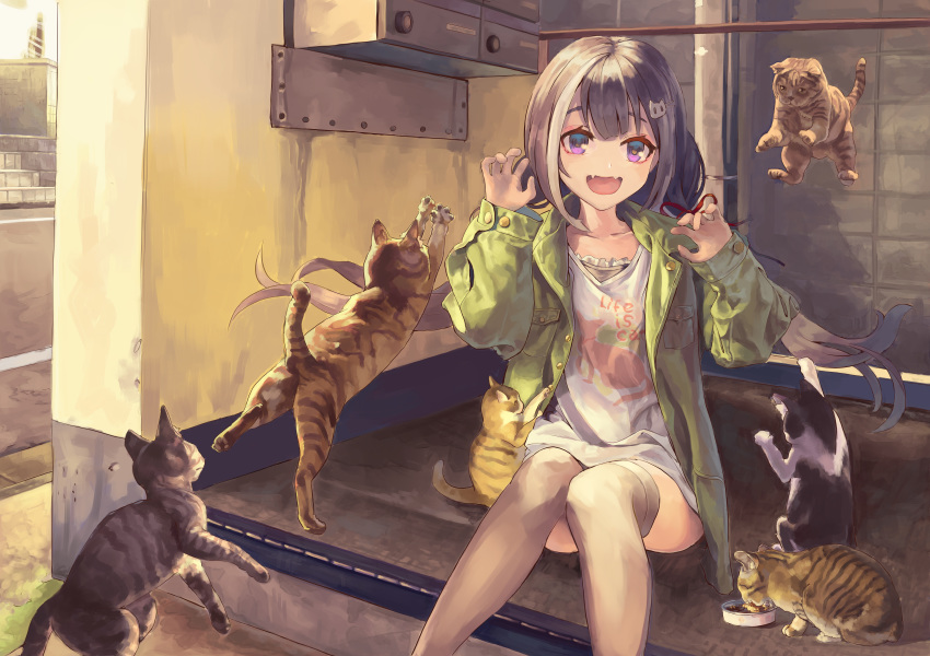 1girl absurdres black_hair cat fangs highres huge_filesize jacket karyl_(real)_(princess_connect!) looking_at_viewer maronmokaet outdoors princess_connect! princess_connect!_re:dive purple_eyes scenery shirt sitting solo t-shirt thighhighs twintails
