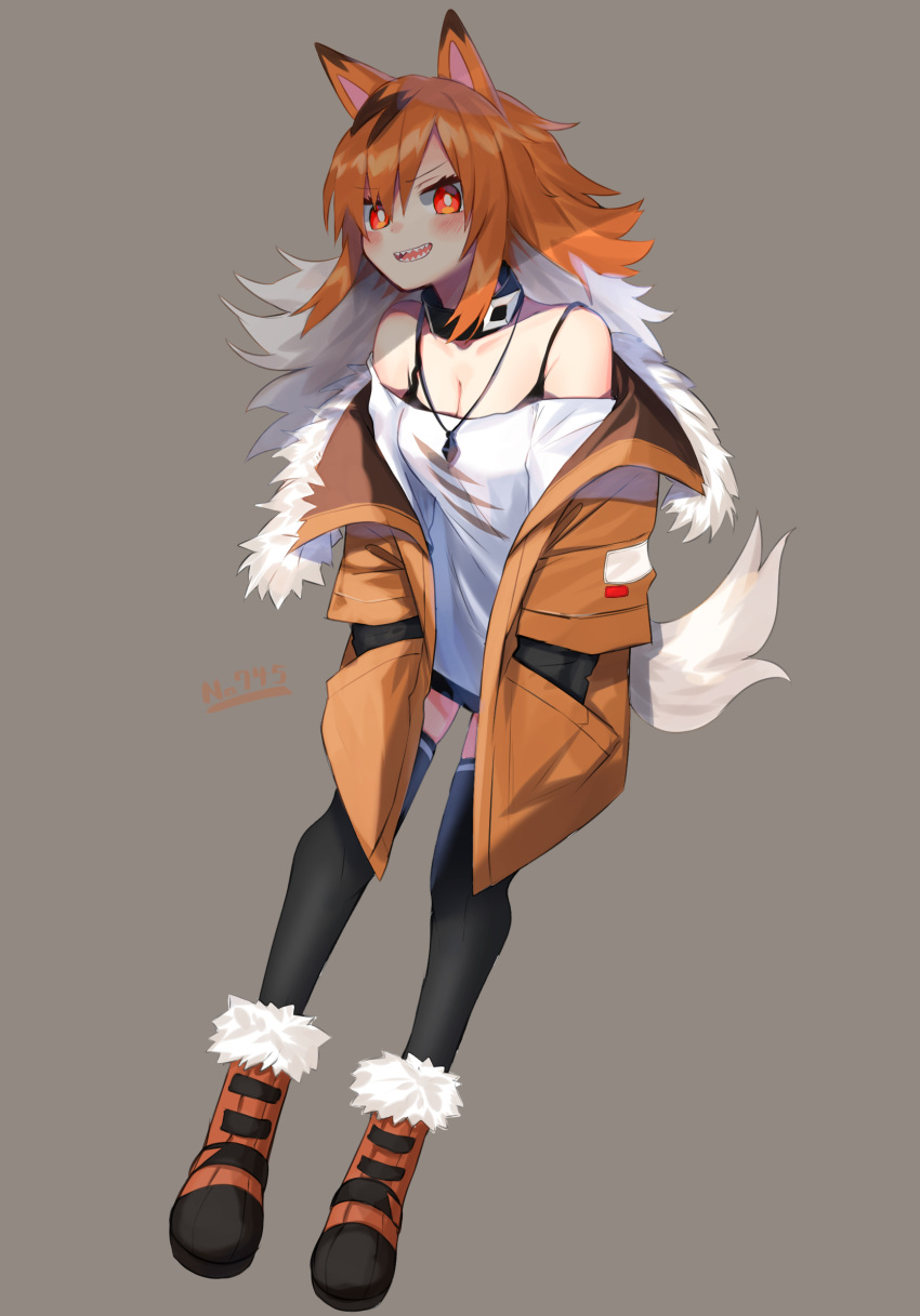 1girl :d animal_ears bangs bare_shoulders black_collar black_hair black_legwear blush_stickers boots breasts brown_background brown_footwear brown_jacket cleavage collar daifukumochi_(akaaokiiwo) eyebrows_visible_through_hair full_body fur-trimmed_boots fur_trim gen_7_pokemon glowing glowing_eyes hair_between_eyes hands_in_pockets highres jacket long_hair long_sleeves looking_at_viewer lycanroc lycanroc_(dusk) multicolored_hair off-shoulder_shirt off_shoulder open_clothes open_jacket open_mouth orange_hair personification pokedex_number pokemon red_eyes sharp_teeth shirt simple_background small_breasts smile solo streaked_hair tail teeth thighhighs thighhighs_under_boots two-tone_hair white_hair white_shirt wolf_ears wolf_girl wolf_tail