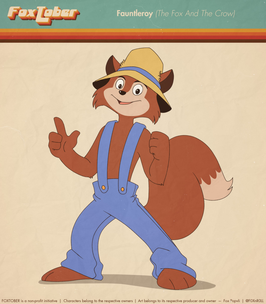 2020 absurd_res anthro barefoot canid canine clothed clothing countershade_face countershading ears_through_headwear english_text fauntleroy_fox fox fox-pop fur hat headgear headwear hi_res looking_at_viewer male mammal open_mouth overalls red_body red_fur solo straw_hat text the_fox_and_the_crow topless topless_male