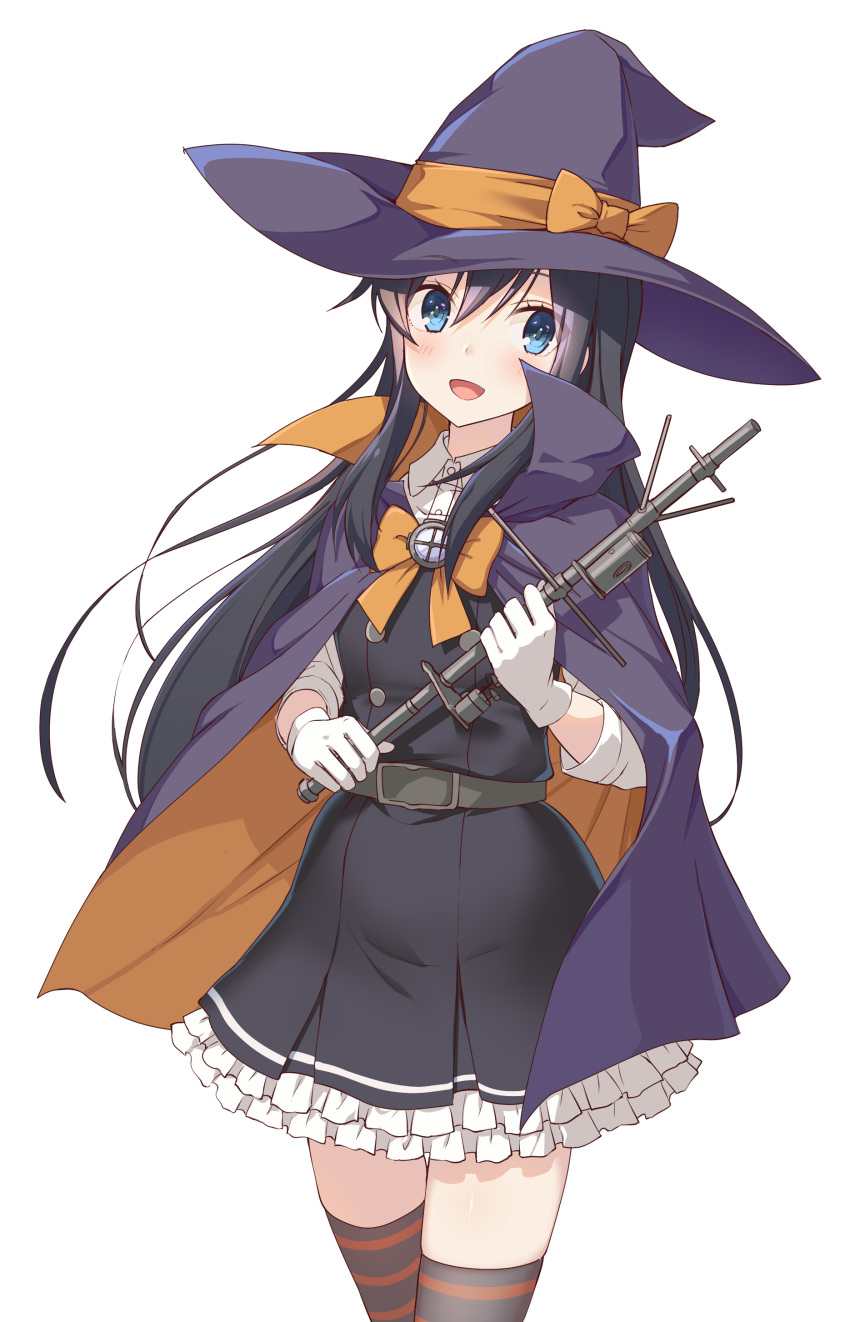 1girl absurdres asashio_(kantai_collection) black_cape black_hair black_legwear blue_eyes boots bow cape cowboy_shot dress gloves grey_dress halloween hat highres kantai_collection long_hair nueco orange_bow pinafore_dress pleated_dress remodel_(kantai_collection) shirt solo staff thighhighs white_background white_gloves white_shirt witch witch_hat