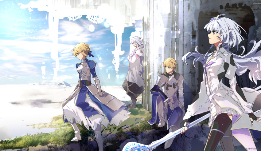 2boys 2girls aqua_eyes armor armored_dress arthur_pendragon_(fate) artoria_pendragon_(all) blonde_hair blue_dress blue_ribbon blue_sky braid braided_bun cloak closed_eyes day dress fate/grand_order fate_(series) gauntlets hair_bun hair_ribbon long_hair merlin_(fate) merlin_(fate/prototype) messy_hair multiple_boys multiple_girls outdoors pointy_ears purple_eyes ribbon saber silver_hair sky very_long_hair white_cloak white_dress zeromomo