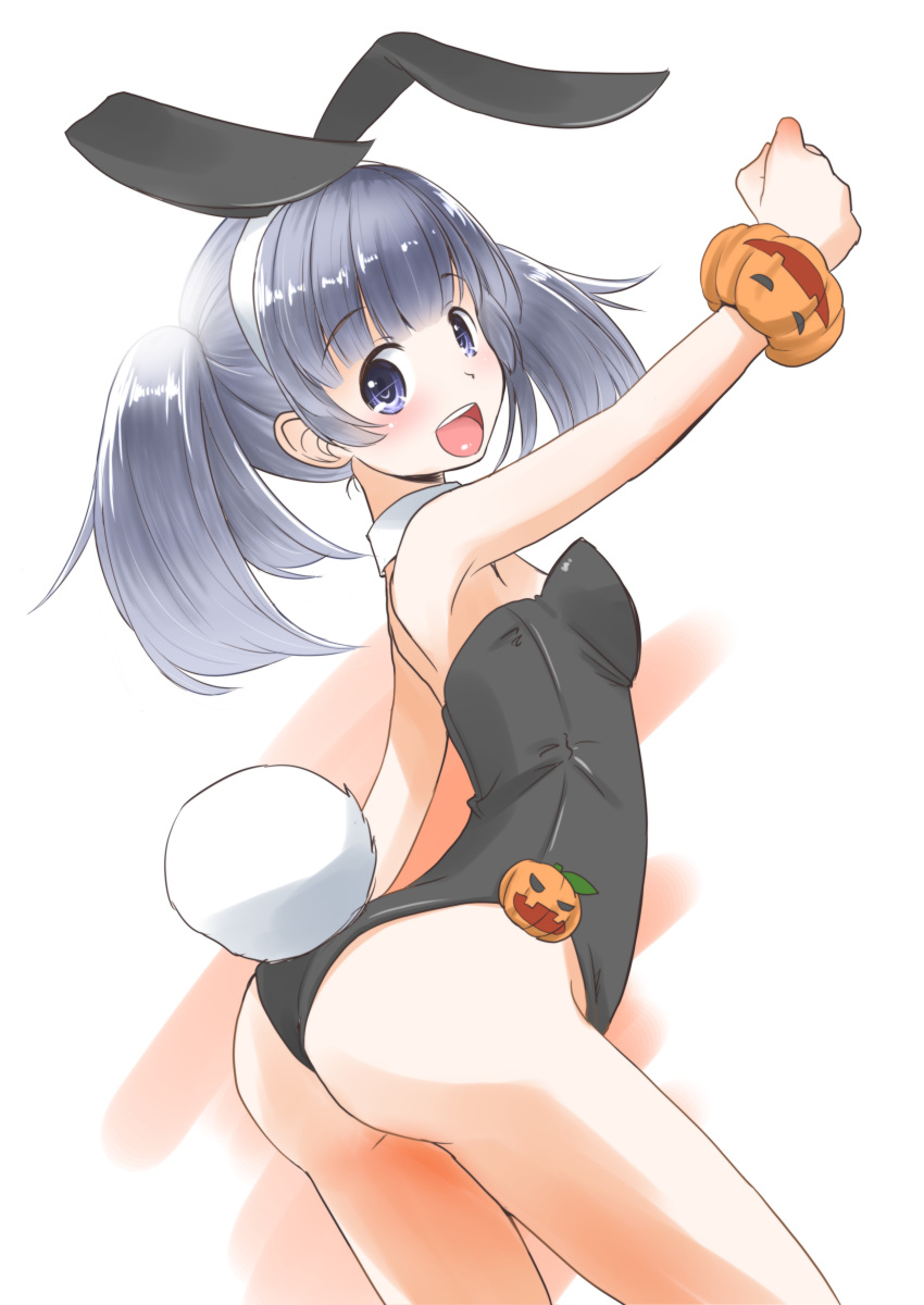 1girl absurdres animal_ears ass bangs black_leotard blunt_bangs bunny_ears commentary_request cowboy_shot detached_collar eyebrows_visible_through_hair grey_eyes grey_hair highres jack-o'-lantern kantai_collection leotard ooshio_(kantai_collection) playboy_bunny short_hair short_twintails smile solo standing taisinkoku twintails