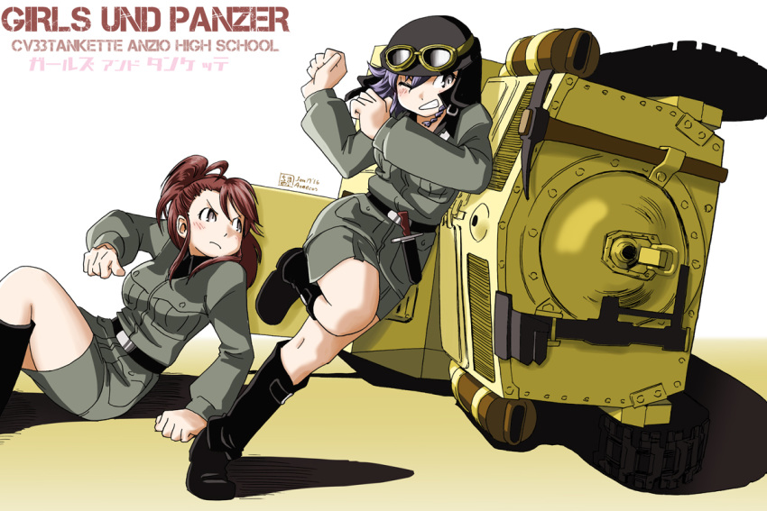 2girls amaretto_(girls_und_panzer) anzio_military_uniform aoneco blush boots breasts brown_eyes brown_hair carro_veloce_cv-33 caterpillar_tracks commentary_request dated english_text girls_und_panzer ground_vehicle light_purple_hair long_hair military military_vehicle motor_vehicle multiple_girls nib_pen_(medium) one_eye_closed pepperoni_(girls_und_panzer) pushing short_hair signature smile tank tank_helmet traditional_media white_background